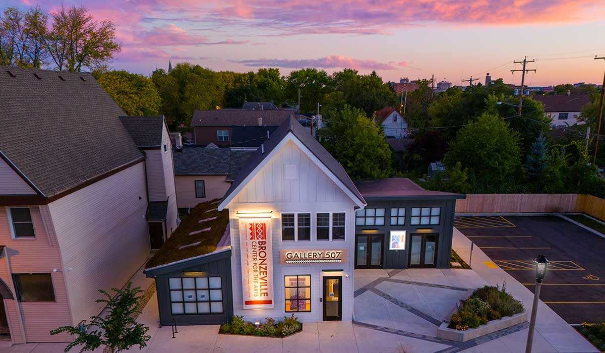 Drone aerial photo of the Bronzeville Center for the Arts building in Milwaukee, showcasing its architecture and cultural presence.