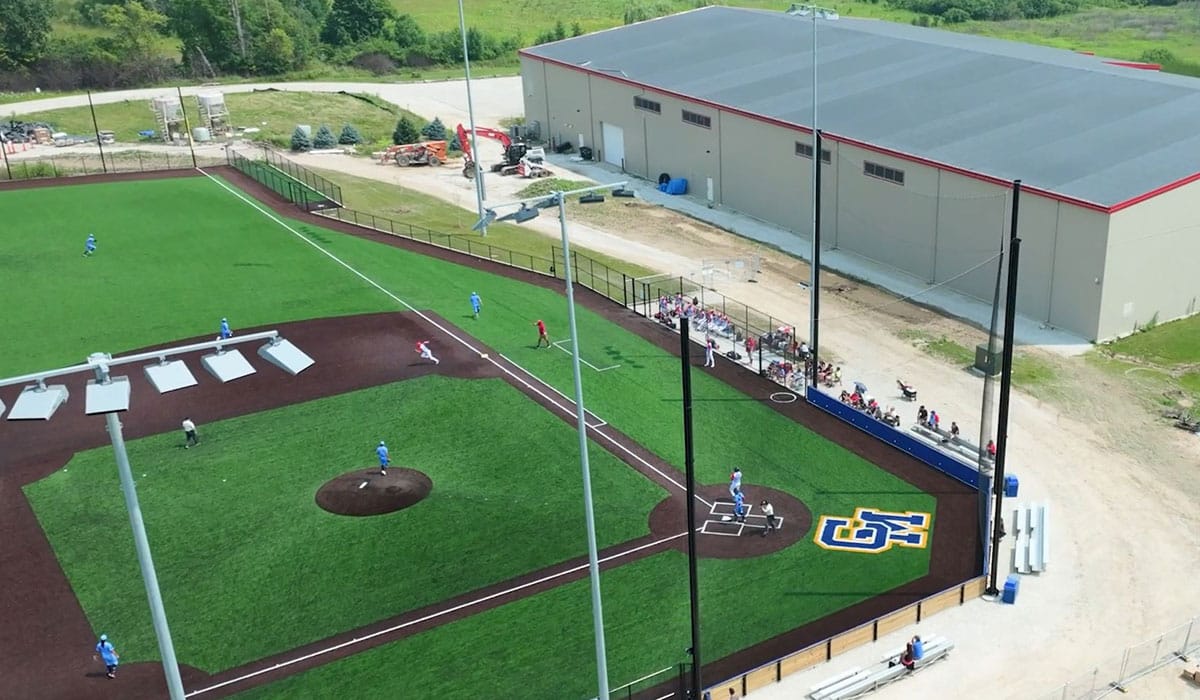 Aerial drone view of Catholic Memorial High School athletic fields in Waukesha, Wisconsin